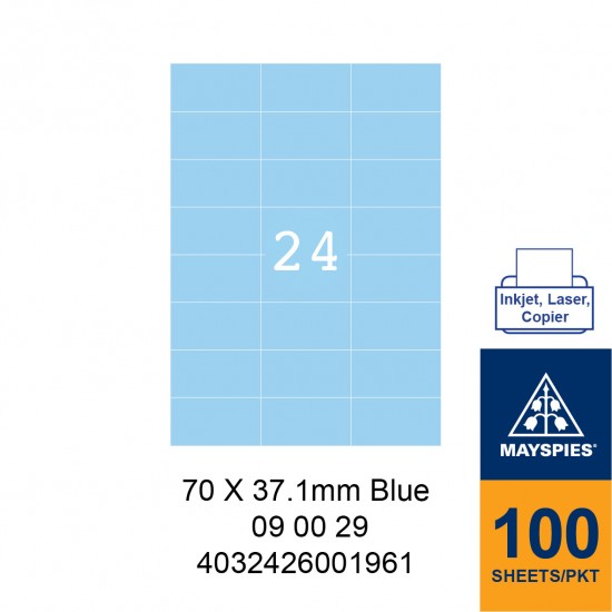 MAYSPIES 09 00 29 LABEL FOR INKJET / LASER / COPIER 100 SHEETS/PKT BLUE 70 X 37.1MM